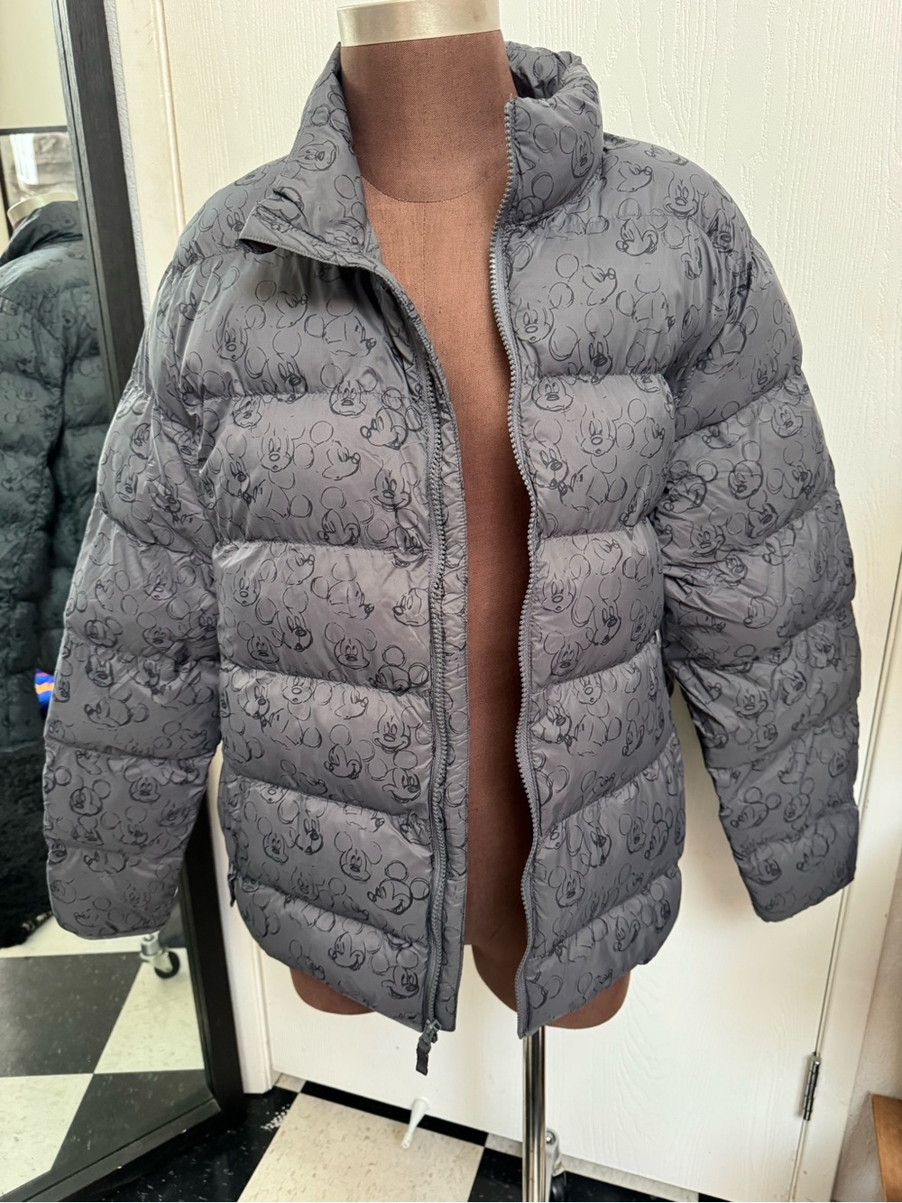 Disney Gray Puffer Jacket with Mickey Print